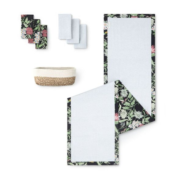 Drew Barrymore Table Runner 6 Napkins Basket Beautiful Gray + Floral 8-Piece Set - Picture 4 of 16
